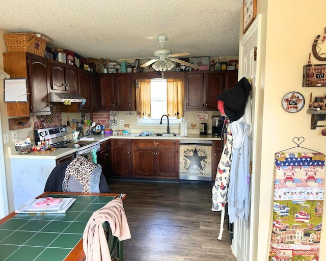 kitchen featuring dark wood-style floors, range hood, stainless steel range with electric cooktop, a sink, and dishwasher