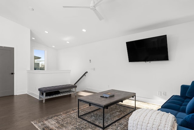 living area with baseboards, a ceiling fan, lofted ceiling, wood finished floors, and recessed lighting