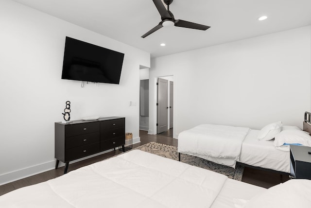 bedroom with recessed lighting, ceiling fan, baseboards, and wood finished floors