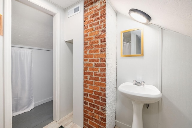 bathroom with wood finished floors, baseboards, and visible vents