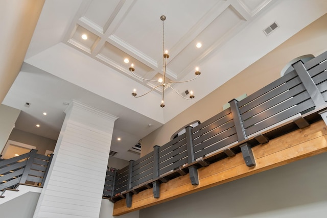 room details featuring a chandelier, beam ceiling, visible vents, and recessed lighting