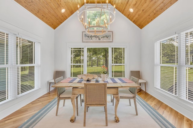 dining space featuring high vaulted ceiling, wooden ceiling, a notable chandelier, and light wood-style flooring