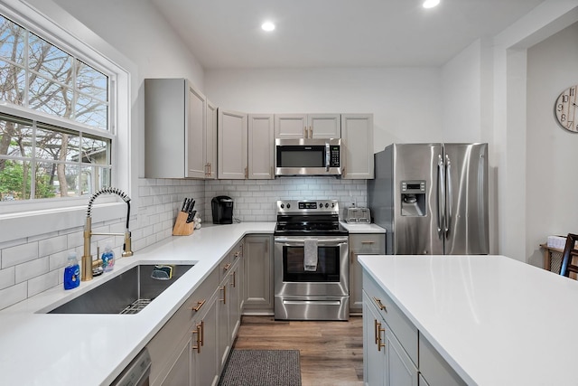 kitchen featuring stainless steel appliances, a sink, and gray cabinetry