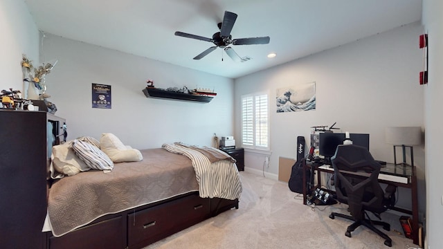 bedroom featuring light carpet, ceiling fan, recessed lighting, and baseboards