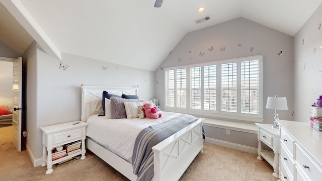 bedroom featuring baseboards, visible vents, light colored carpet, ceiling fan, and vaulted ceiling