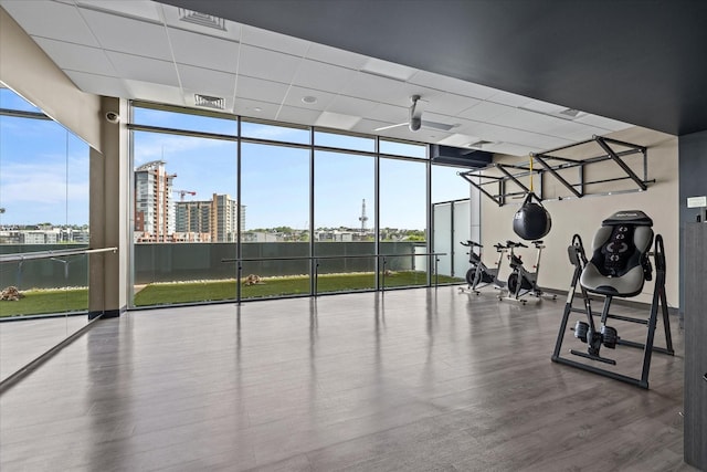 gym featuring expansive windows, visible vents, a city view, and wood finished floors