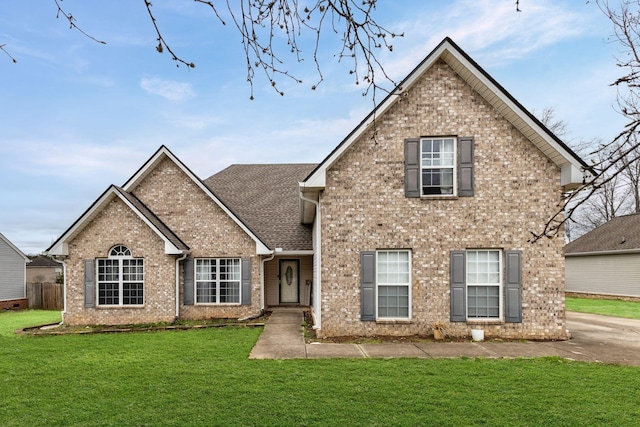 traditional-style home featuring a shingled roof, brick siding, and a front lawn