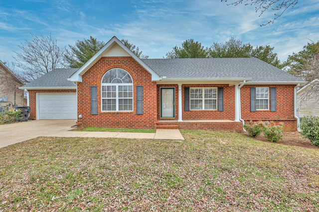 ranch-style home featuring driveway, brick siding, a garage, and roof with shingles