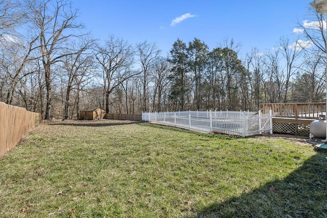 view of yard featuring a fenced backyard, an outdoor structure, a deck, and a storage shed