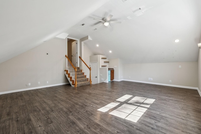 bonus room featuring vaulted ceiling, stairway, wood finished floors, and baseboards