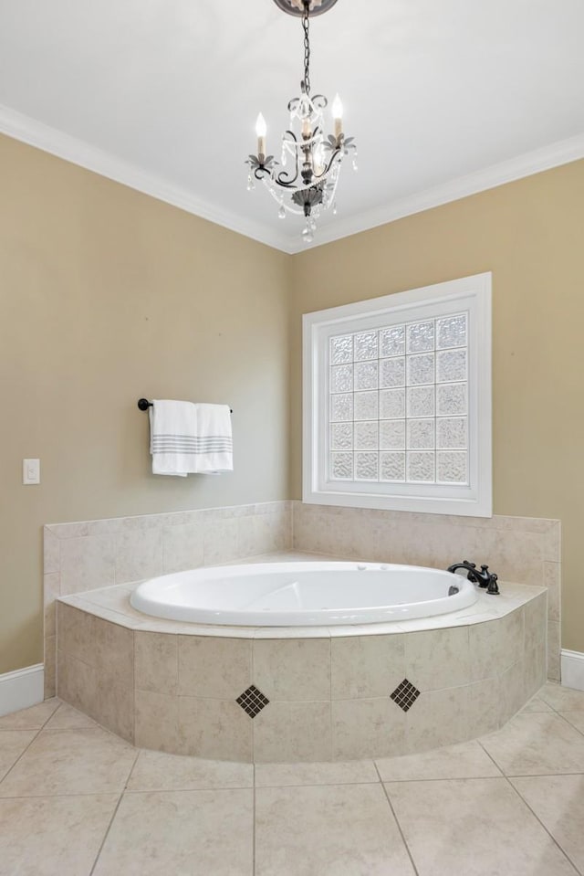 full bath featuring a chandelier, tile patterned flooring, a bath, and crown molding