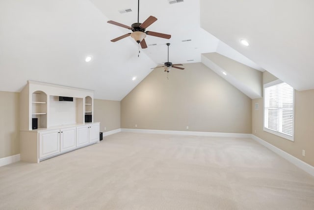 additional living space with lofted ceiling, visible vents, light carpet, and baseboards