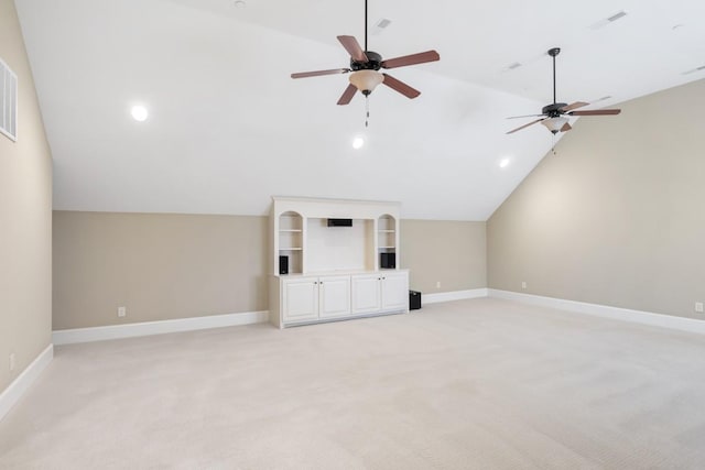 bonus room featuring light carpet, ceiling fan, baseboards, and lofted ceiling