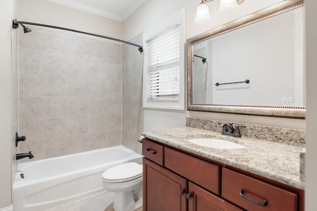 full bath with ornamental molding, bathtub / shower combination, vanity, and toilet