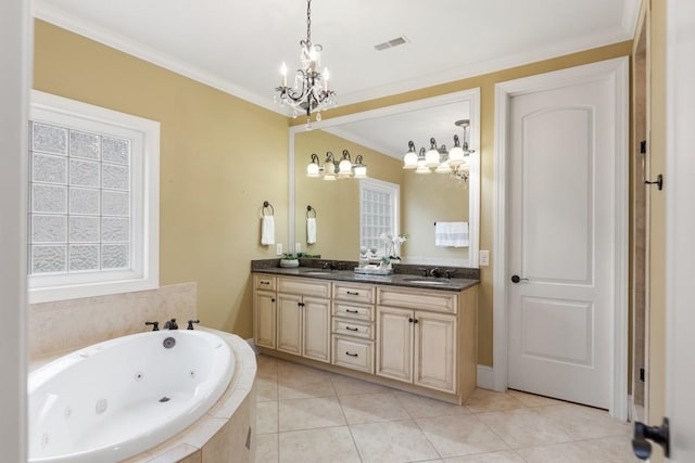 bathroom with double vanity, visible vents, a whirlpool tub, crown molding, and a sink