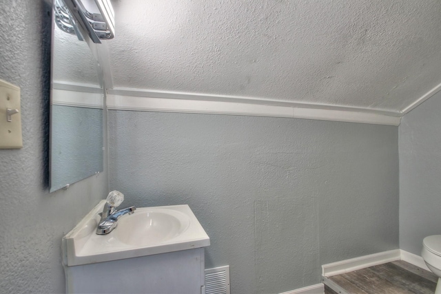 bathroom featuring baseboards, visible vents, a textured wall, toilet, and vanity