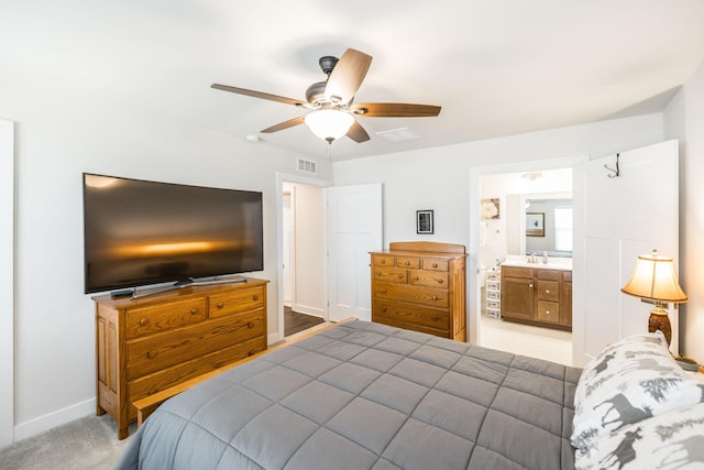 bedroom with baseboards, visible vents, ceiling fan, and light colored carpet