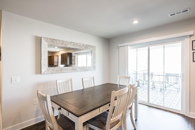 dining area with dark wood-style floors, plenty of natural light, visible vents, and baseboards