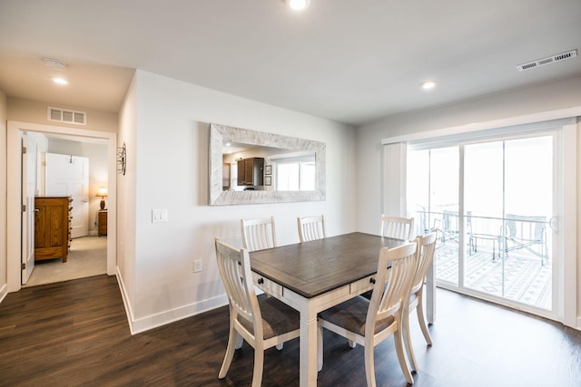 dining area featuring recessed lighting, dark wood-style flooring, visible vents, and baseboards