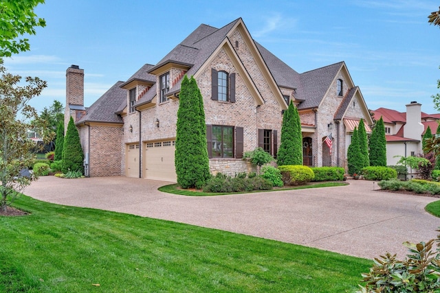 french provincial home featuring brick siding, driveway, roof with shingles, a chimney, and a front yard