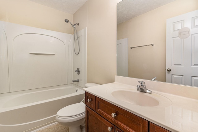 full bathroom with a textured ceiling, shower / bathing tub combination, vanity, and toilet