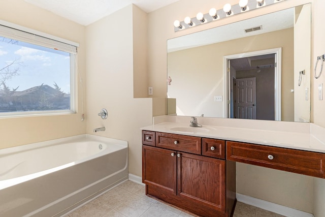 full bath featuring baseboards, visible vents, tile patterned floors, vanity, and a bath