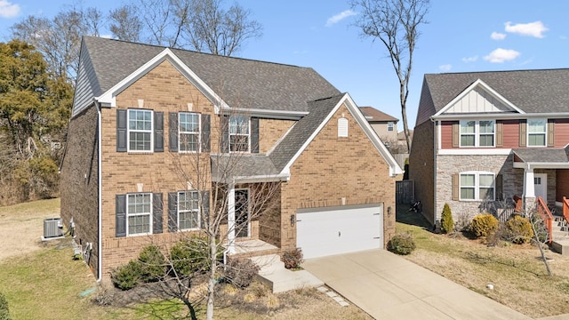 view of front of house featuring a garage, central AC, brick siding, driveway, and a front lawn