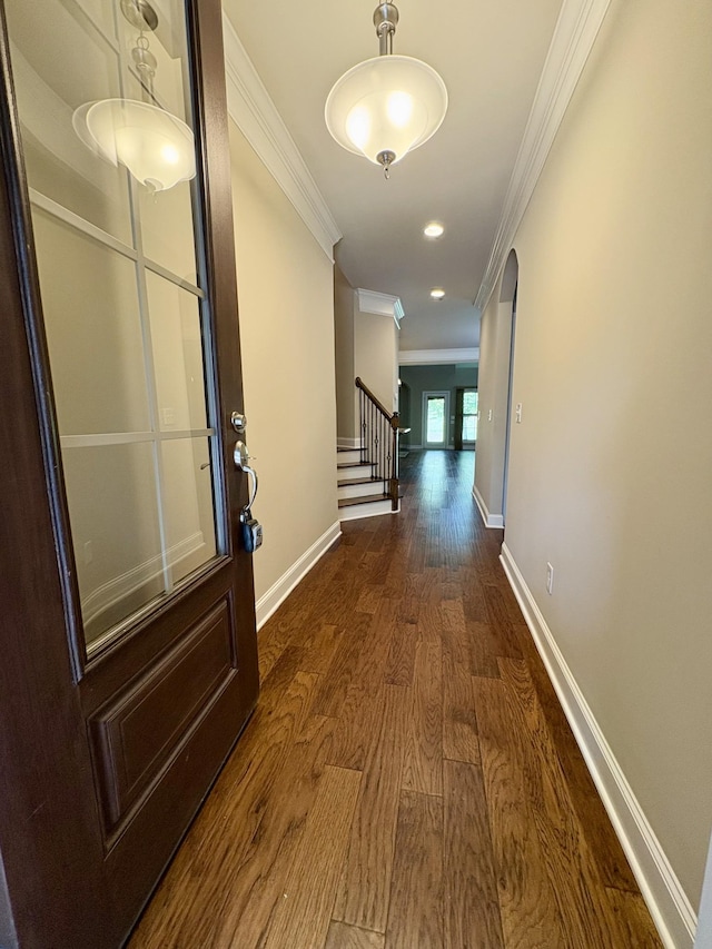 128 Village Cir, Lebanon, TN 37087 - hall featuring crown molding, wood finished floors, baseboards, and stairs