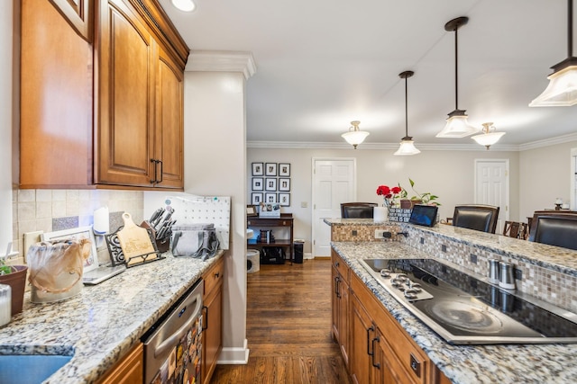 kitchen featuring black electric stovetop, brown cabinets, backsplash, and ornamental molding