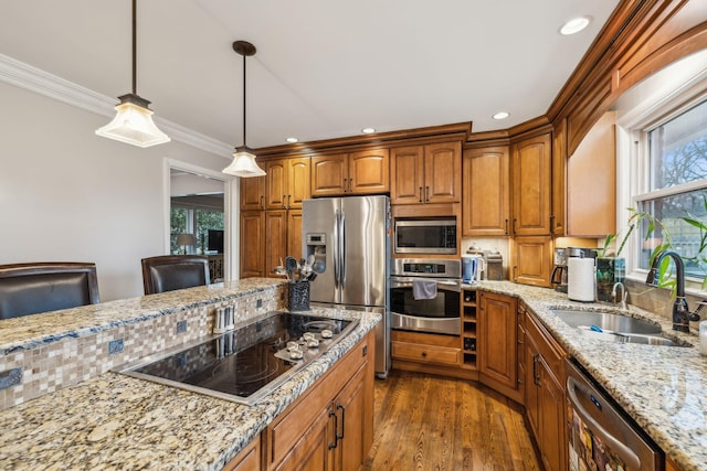 kitchen featuring appliances with stainless steel finishes, crown molding, a sink, and light stone countertops