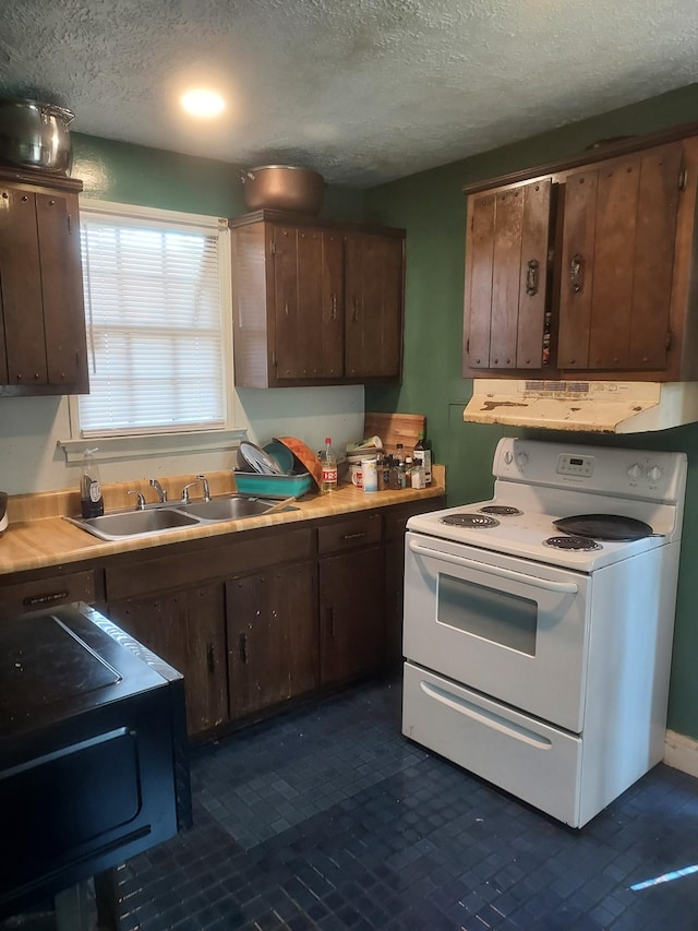 kitchen featuring light countertops, electric range, a sink, dark brown cabinetry, and under cabinet range hood