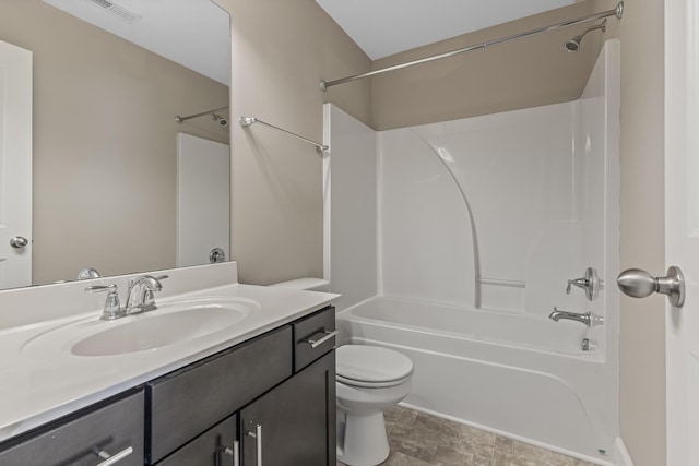 full bath with toilet, visible vents,  shower combination, and vanity