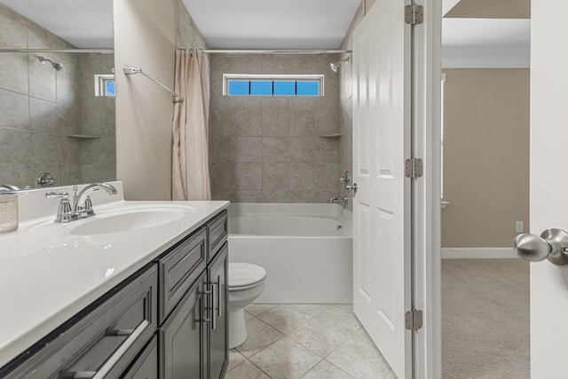 full bath with tile patterned flooring, toilet, vanity, baseboards, and shower / bathtub combination with curtain