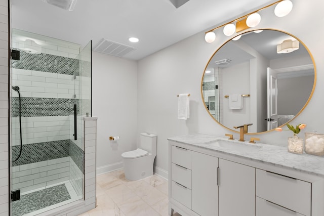 full bath with toilet, visible vents, baseboards, marble finish floor, and a shower stall