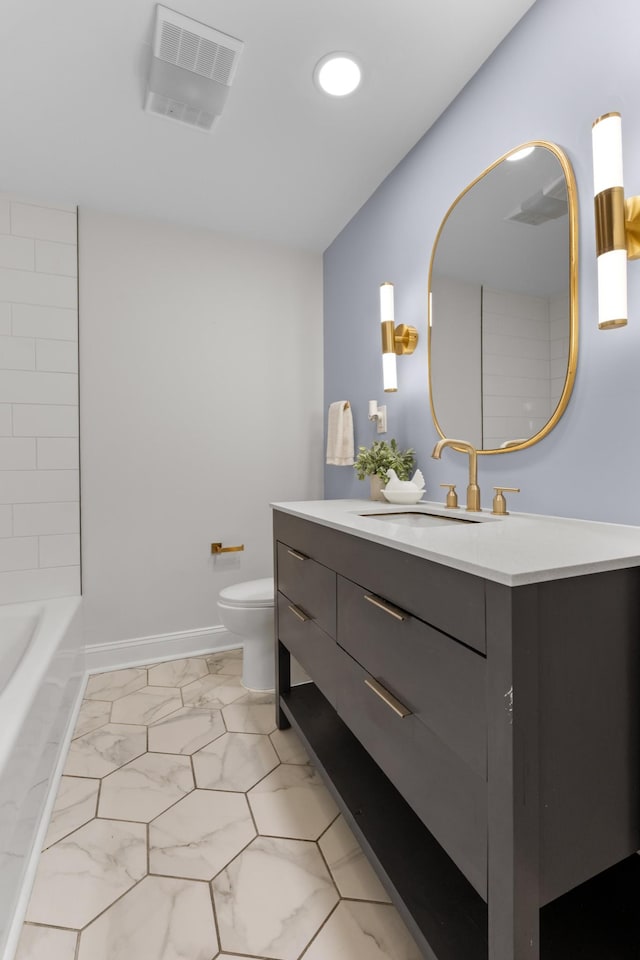 full bathroom with baseboards, visible vents, toilet, marble finish floor, and vanity