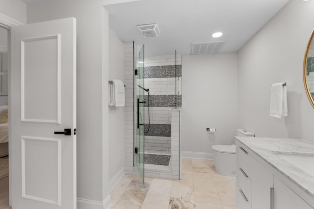 ensuite bathroom featuring baseboards, visible vents, toilet, marble finish floor, and a tile shower