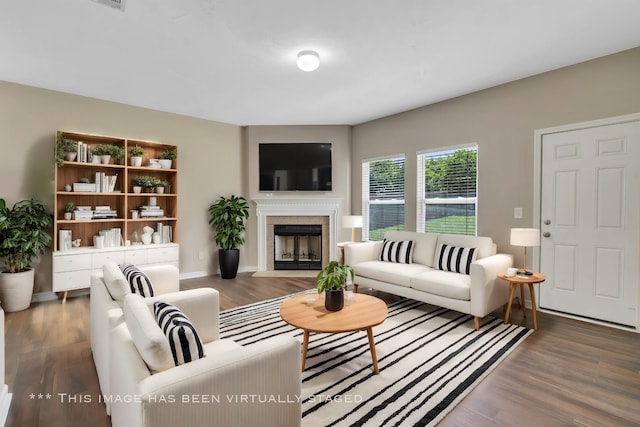 living area with a fireplace, wood finished floors, and baseboards