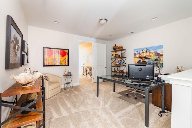 office featuring light carpet, visible vents, and recessed lighting