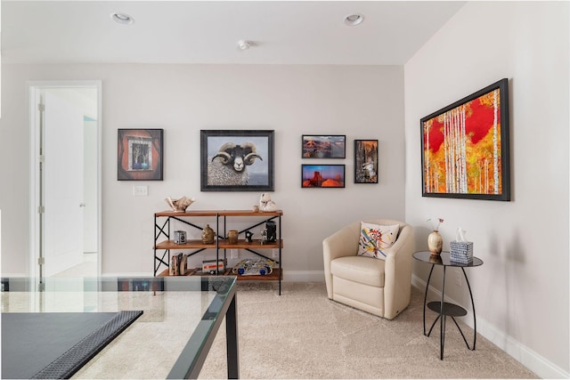 carpeted office featuring baseboards and recessed lighting