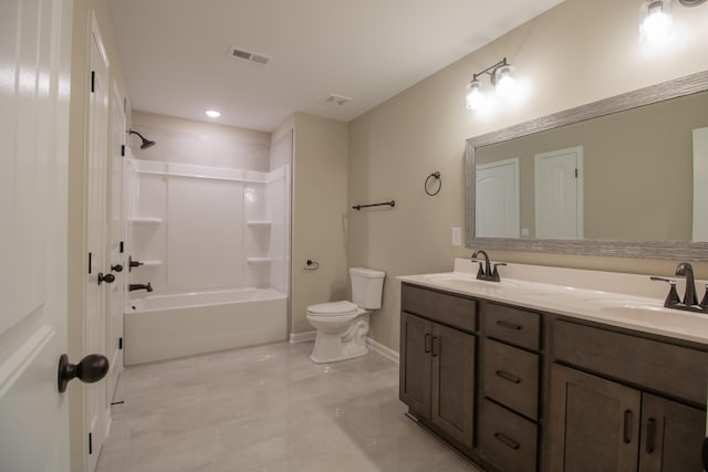 full bathroom with double vanity, visible vents, toilet, and a sink