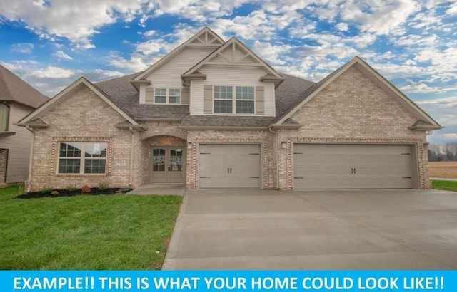 craftsman-style home with a front lawn, concrete driveway, brick siding, and roof with shingles