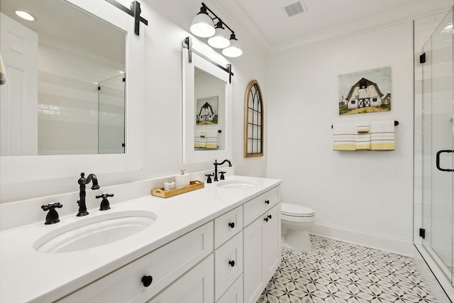 full bathroom with a shower stall, visible vents, a sink, and ornamental molding