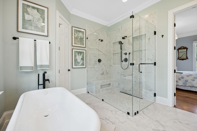 full bathroom featuring ensuite bathroom, a shower stall, and crown molding