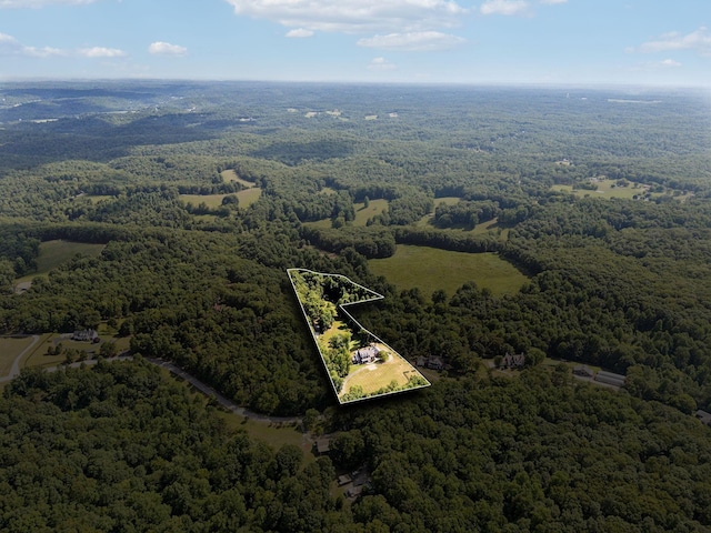 bird's eye view with a wooded view