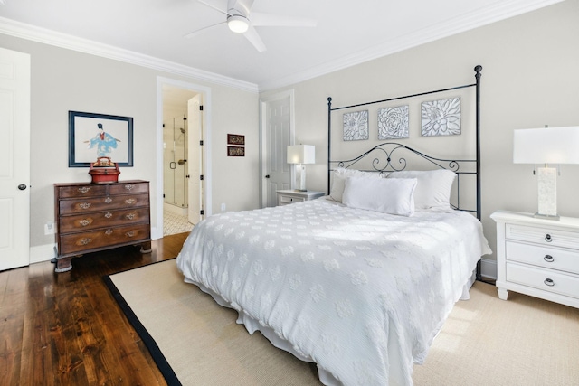 bedroom featuring ceiling fan, ornamental molding, wood finished floors, and ensuite bathroom