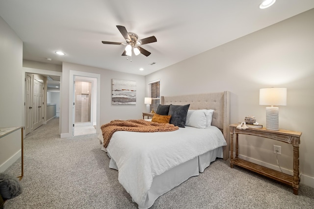 bedroom with light carpet, baseboards, and recessed lighting