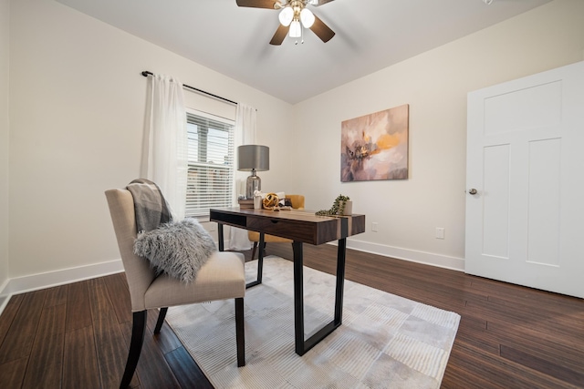 home office with ceiling fan, wood finished floors, and baseboards