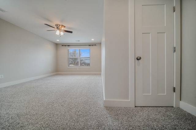 interior space featuring visible vents, baseboards, a ceiling fan, and recessed lighting