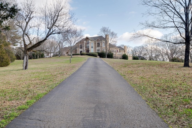 french country style house with a chimney and a front lawn