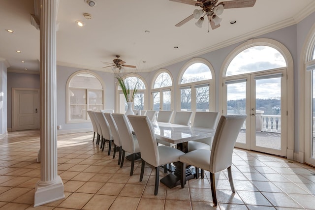 dining area with ornamental molding, recessed lighting, french doors, and light tile patterned floors